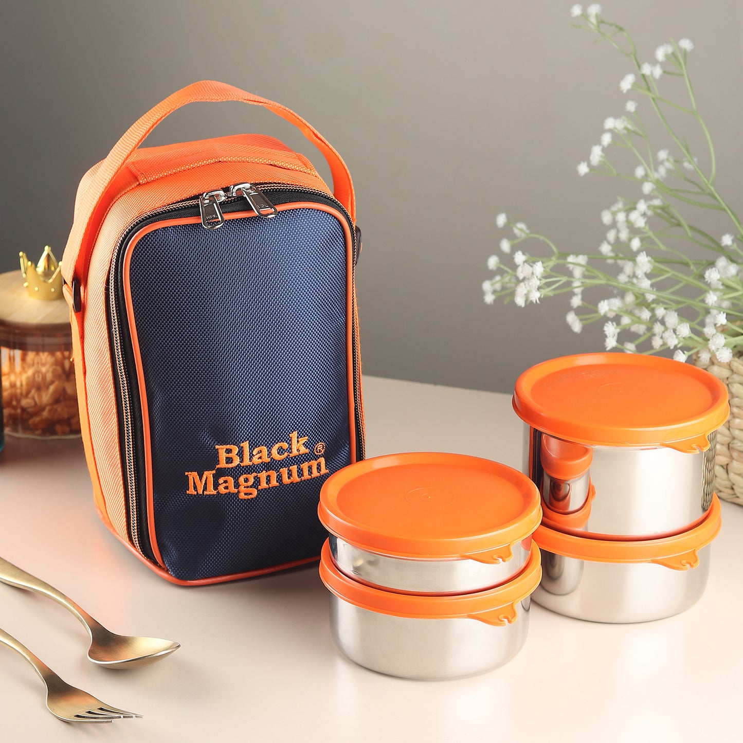 Black Magnum Corporate Pro Stainless Steel Tiffin Box with Bag Set of 4 (1 Pc 600 ML, 2 Pcs 400 ML and 1 Pc 200 ML), Model No CPST-4