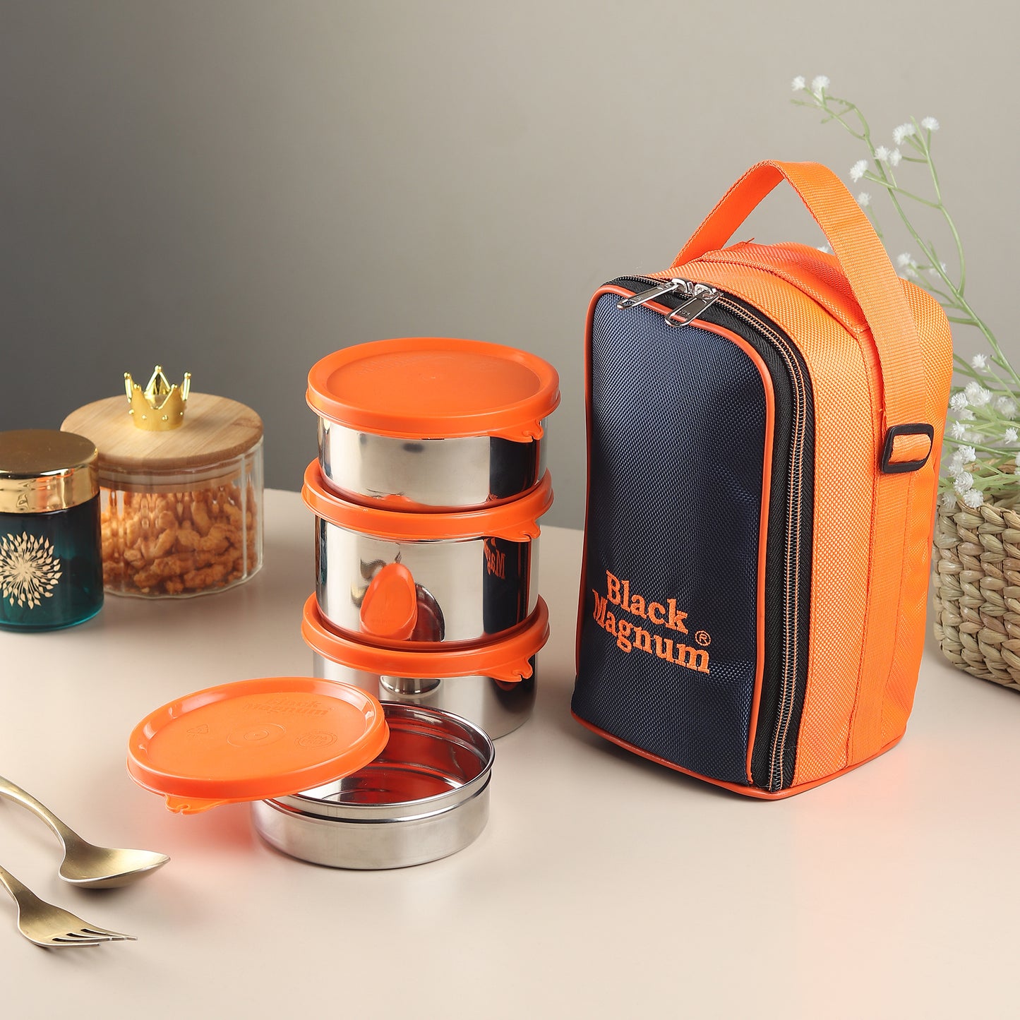 Black Magnum Corporate Pro Stainless Steel Tiffin Box with Bag Set of 4 (1 Pc 600 ML, 2 Pcs 400 ML and 1 Pc 200 ML), Model No CPST-4
