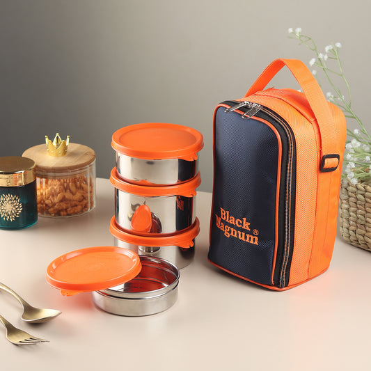 Black Magnum Corporate Pro Stainless Steel Tiffin Box with Bag Set of 4 (1 Pc 600 ML, 2 Pcs 400 ML and 1 Pc 200 ML), Model No CPST-4