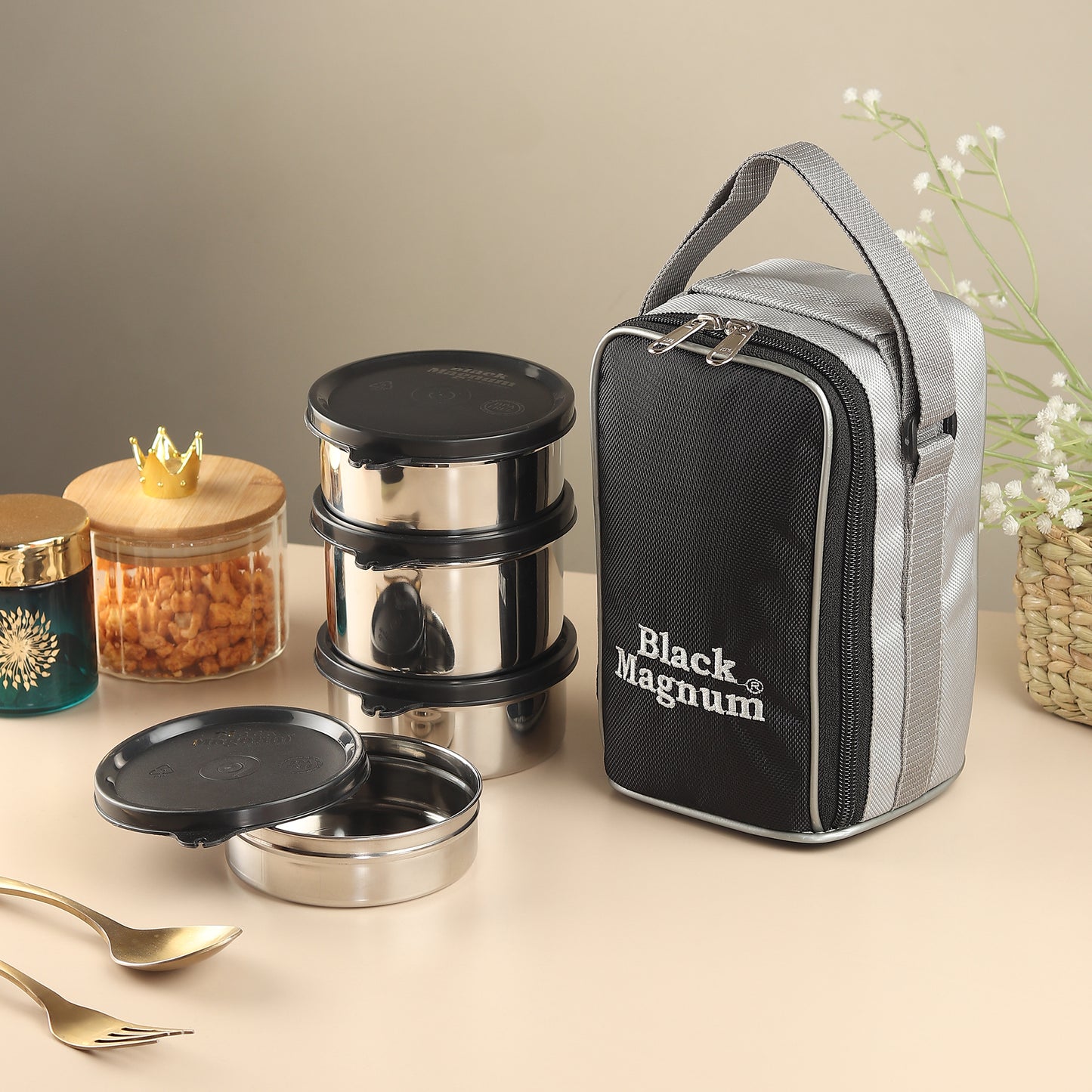 Black Magnum Corporate Pro Stainless Steel Tiffin Box with Bag Set of 4 (1 Pc 600 ML, 2 Pcs 400 ML and 1 Pc 200 ML), Model No CPST-4