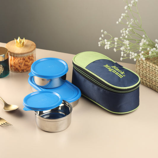 Black Magnum Executive Pro Stainless Steel Tiffin Box with Bag Set of 3 (2 Pcs 400 ML and 1 Pc Chapati Box), Model No EPST-3