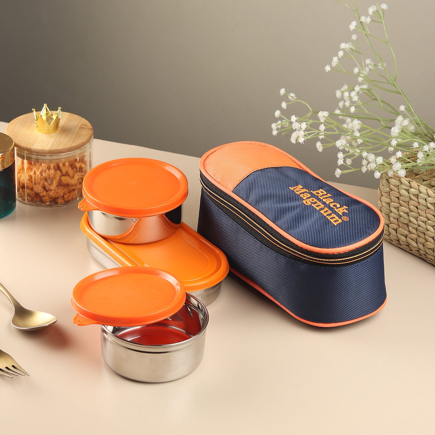 Black Magnum Executive Pro Stainless Steel Tiffin Box with Bag Set of 3 (2 Pcs 400 ML and 1 Pc Chapati Box), Model No EPST-3