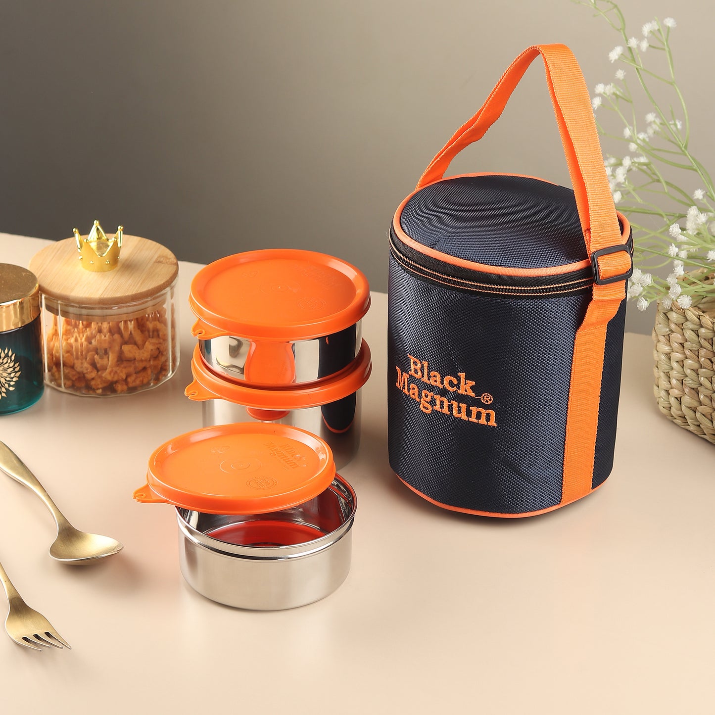 Black Magnum Corporate Stainless Steel Tiffin Box with Bag Set of 3 (1 Pcs 600 ML and 2 Pcs 400 ML), Model No CST-3