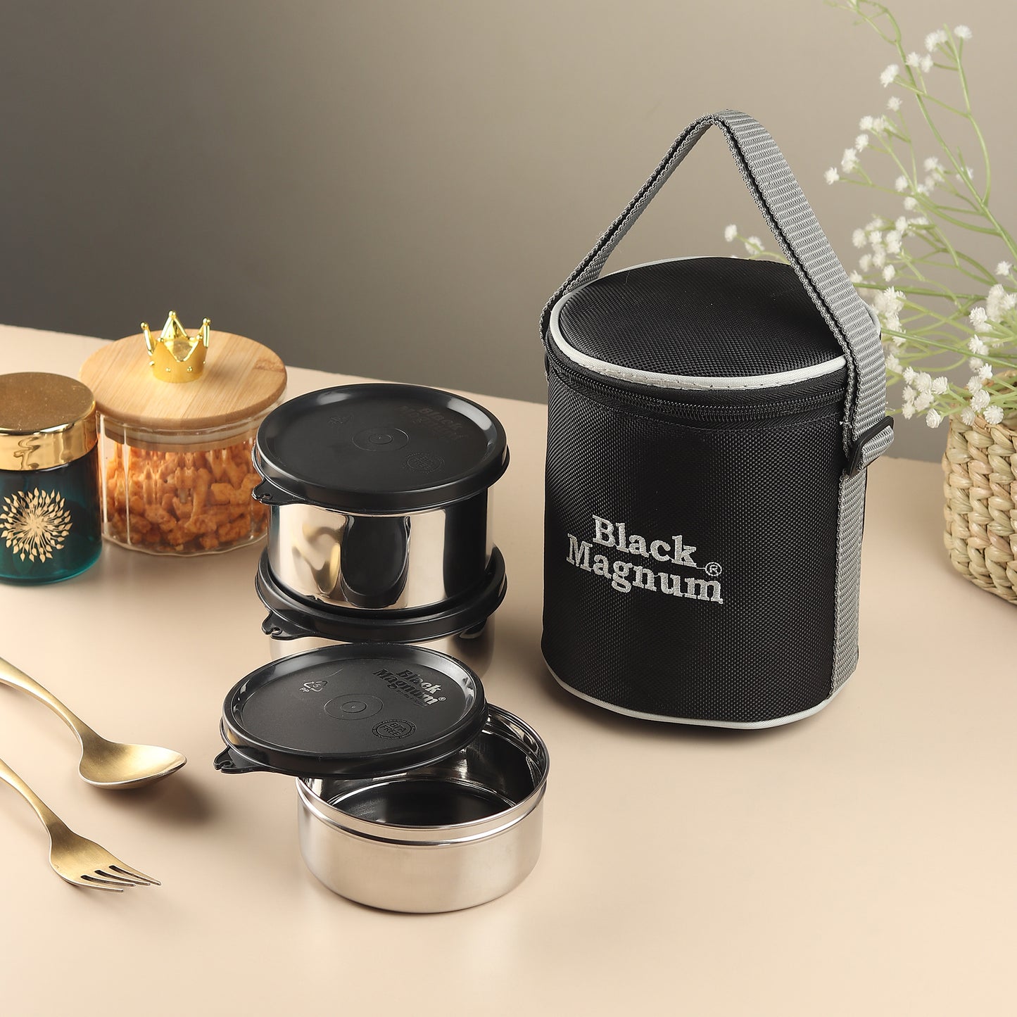 Black Magnum Corporate Stainless Steel Tiffin Box with Bag Set of 3 (1 Pcs 600 ML and 2 Pcs 400 ML), Model No CST-3