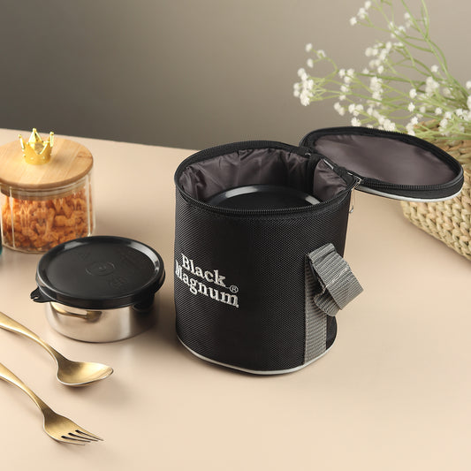 Black Magnum Corporate Stainless Steel Tiffin Box with Bag Set of 3 (1 Pcs 600 ML and 2 Pcs 400 ML), Model No CST-3