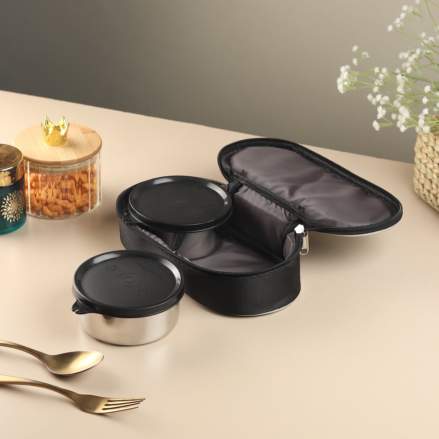 Black Magnum Executive Stainless Steel Tiffin Box with Bag Set of 2 (2 Pcs 400 ML), Model No EST-2