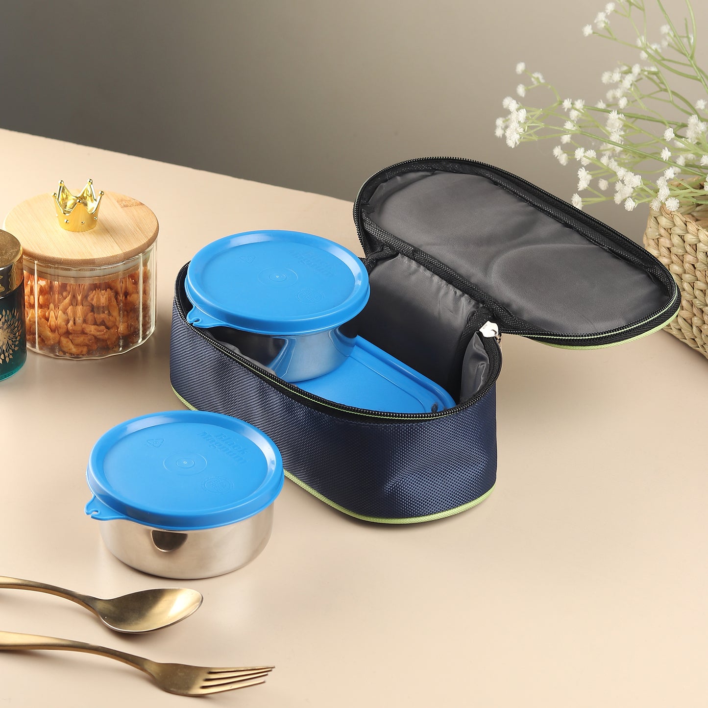 Black Magnum Executive Pro Stainless Steel Tiffin Box with Bag Set of 3 (2 Pcs 400 ML and 1 Pc Chapati Box), Model No EPST-3