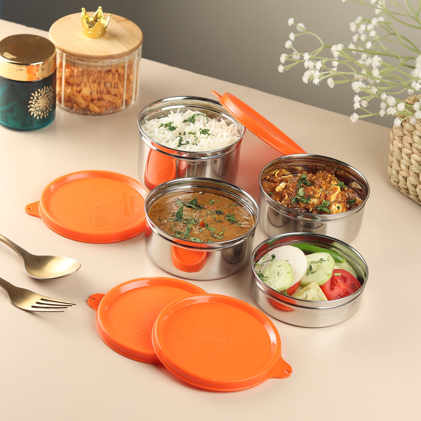 Black Magnum Corporate Pro Stainless Steel Tiffin Box with Bag Set of 4 (1 Pc 600 ML, 2 Pcs 400 ML and 1 Pc 200 ML), Model No CPST-4
