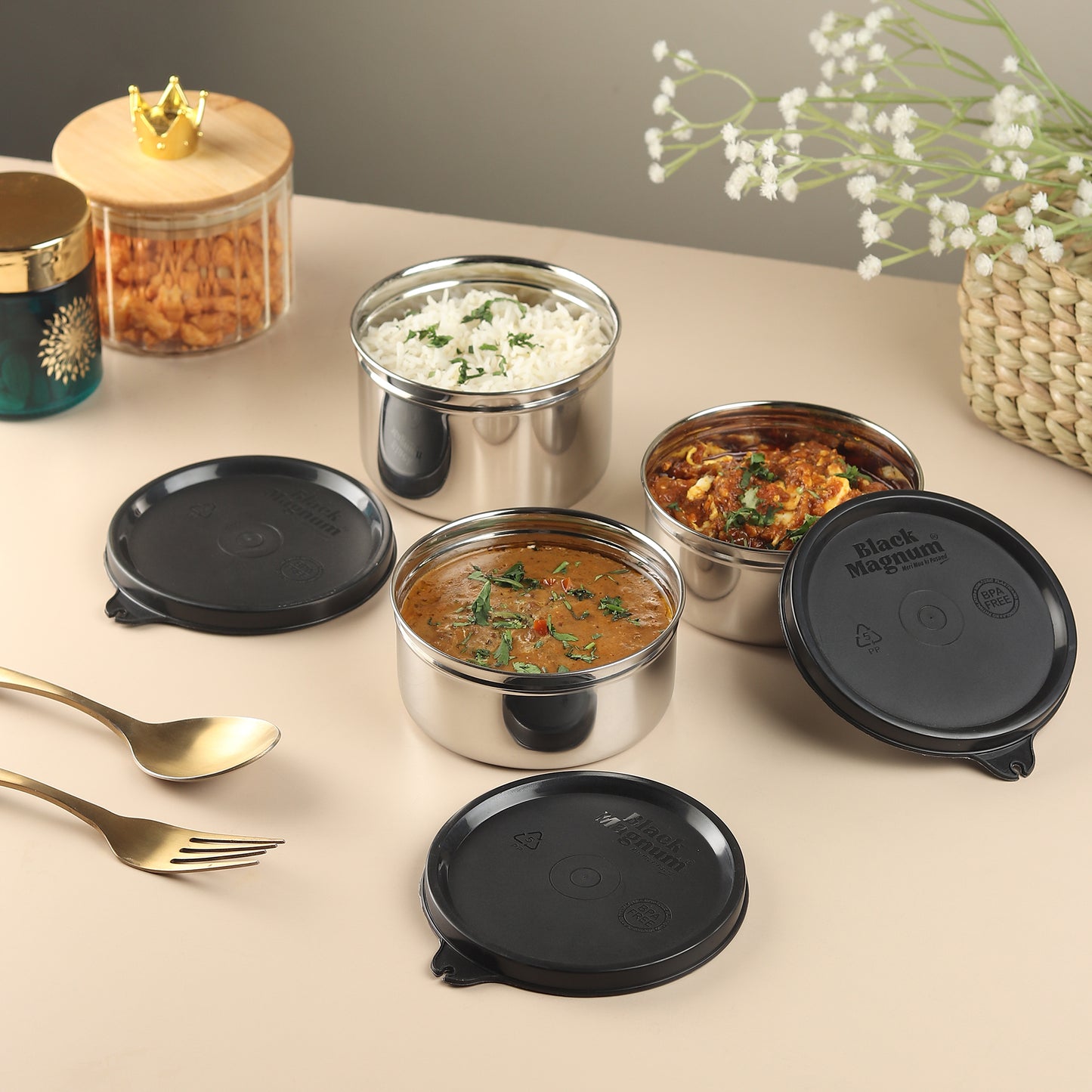 Black Magnum Corporate Stainless Steel Tiffin Box with Bag Set of 3 (1 Pcs 600 ML and 2 Pcs 400 ML), Model No CST-3