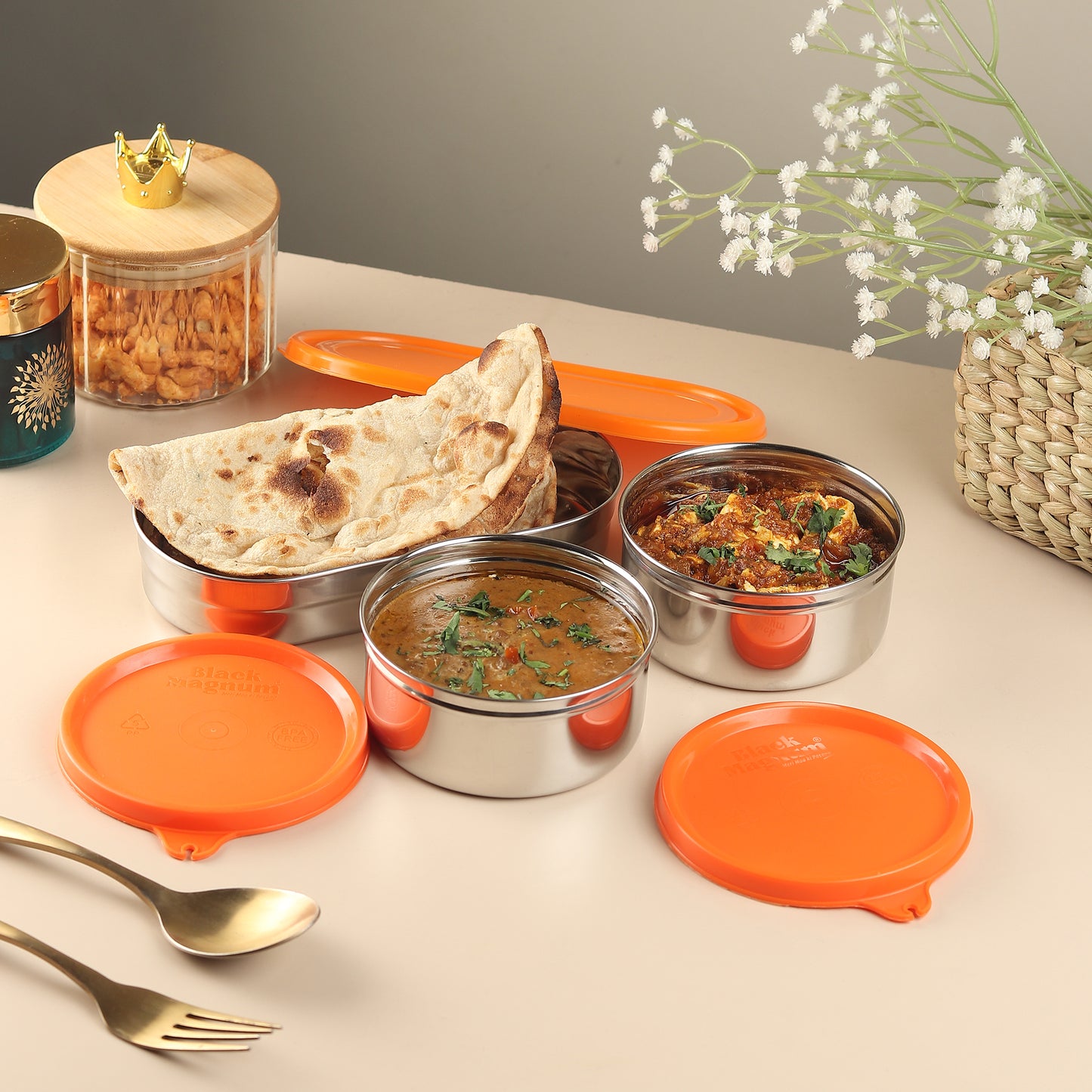 Black Magnum Executive Pro Stainless Steel Tiffin Box with Bag Set of 3 (2 Pcs 400 ML and 1 Pc Chapati Box), Model No EPST-3