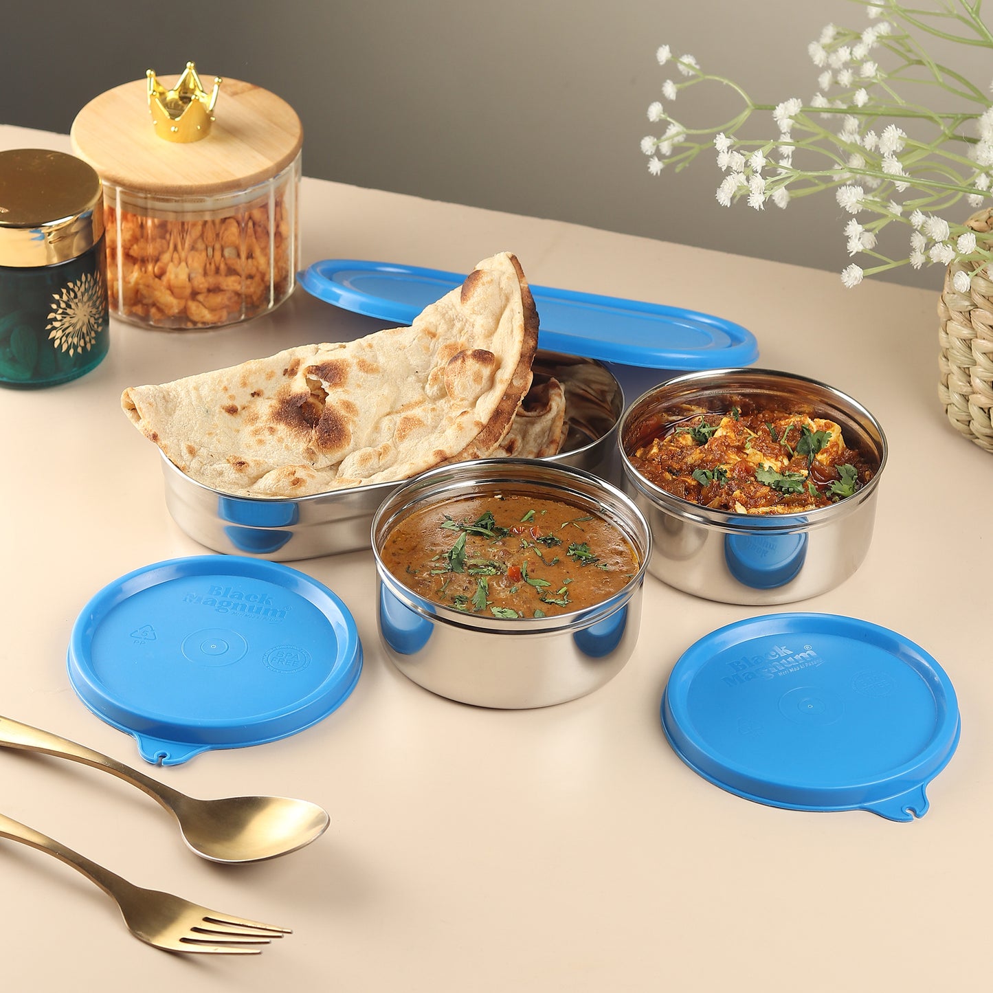 Black Magnum Executive Pro Stainless Steel Tiffin Box with Bag Set of 3 (2 Pcs 400 ML and 1 Pc Chapati Box), Model No EPST-3