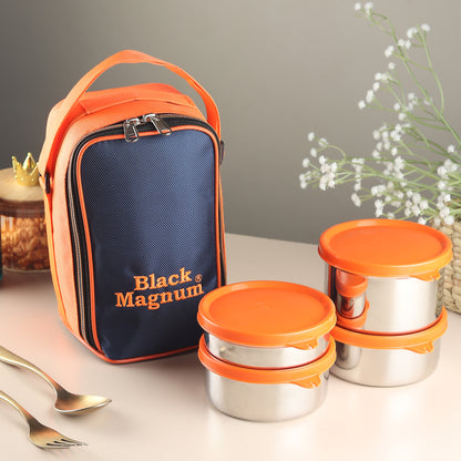 Black Magnum Corporate Pro Stainless Steel Tiffin Box with Bag Set of 4 (1 Pc 600 ML, 2 Pcs 400 ML and 1 Pc 200 ML), Model No CPST-4