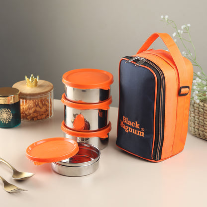 Black Magnum Corporate Pro Stainless Steel Tiffin Box with Bag Set of 4 (1 Pc 600 ML, 2 Pcs 400 ML and 1 Pc 200 ML), Model No CPST-4