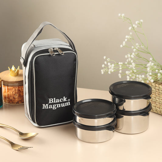 Black Magnum Corporate Pro Stainless Steel Tiffin Box with Bag Set of 4 (1 Pc 600 ML, 2 Pcs 400 ML and 1 Pc 200 ML), Model No CPST-4