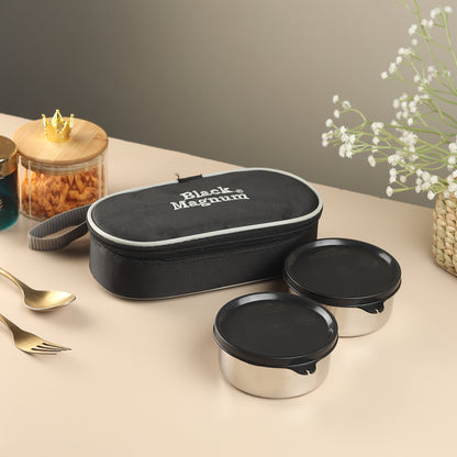 Black Magnum Executive Stainless Steel Tiffin Box with Bag Set of 2 (2 Pcs 400 ML), Model No EST-2