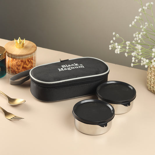 Black Magnum Executive Stainless Steel Tiffin Box with Bag Set of 2 (2 Pcs 400 ML), Model No EST-2