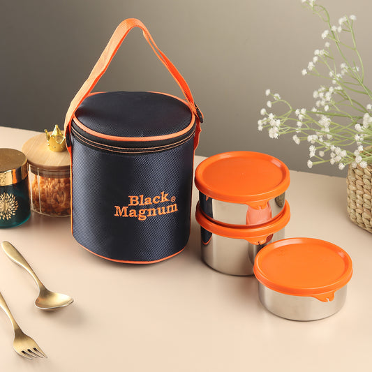 Black Magnum Corporate Stainless Steel Tiffin Box with Bag Set of 3 (1 Pcs 600 ML and 2 Pcs 400 ML), Model No CST-3