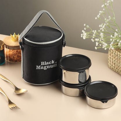 Black Magnum Corporate Stainless Steel Tiffin Box with Bag Set of 3 (1 Pcs 600 ML and 2 Pcs 400 ML), Model No CST-3