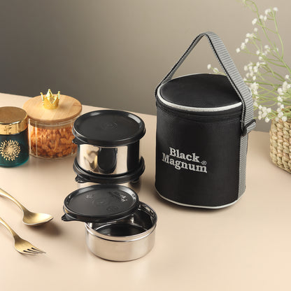 Black Magnum Corporate Stainless Steel Tiffin Box with Bag Set of 3 (1 Pcs 600 ML and 2 Pcs 400 ML), Model No CST-3