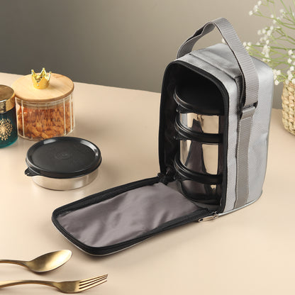 Black Magnum Corporate Pro Stainless Steel Tiffin Box with Bag Set of 4 (1 Pc 600 ML, 2 Pcs 400 ML and 1 Pc 200 ML), Model No CPST-4