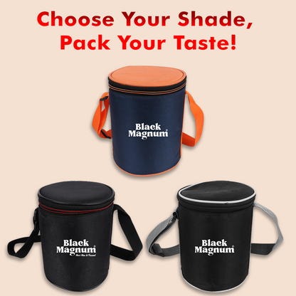Black Magnum Corporate Stainless Steel Tiffin Box with Bag Set of 3 (1 Pcs 600 ML and 2 Pcs 400 ML), Model No CST-3